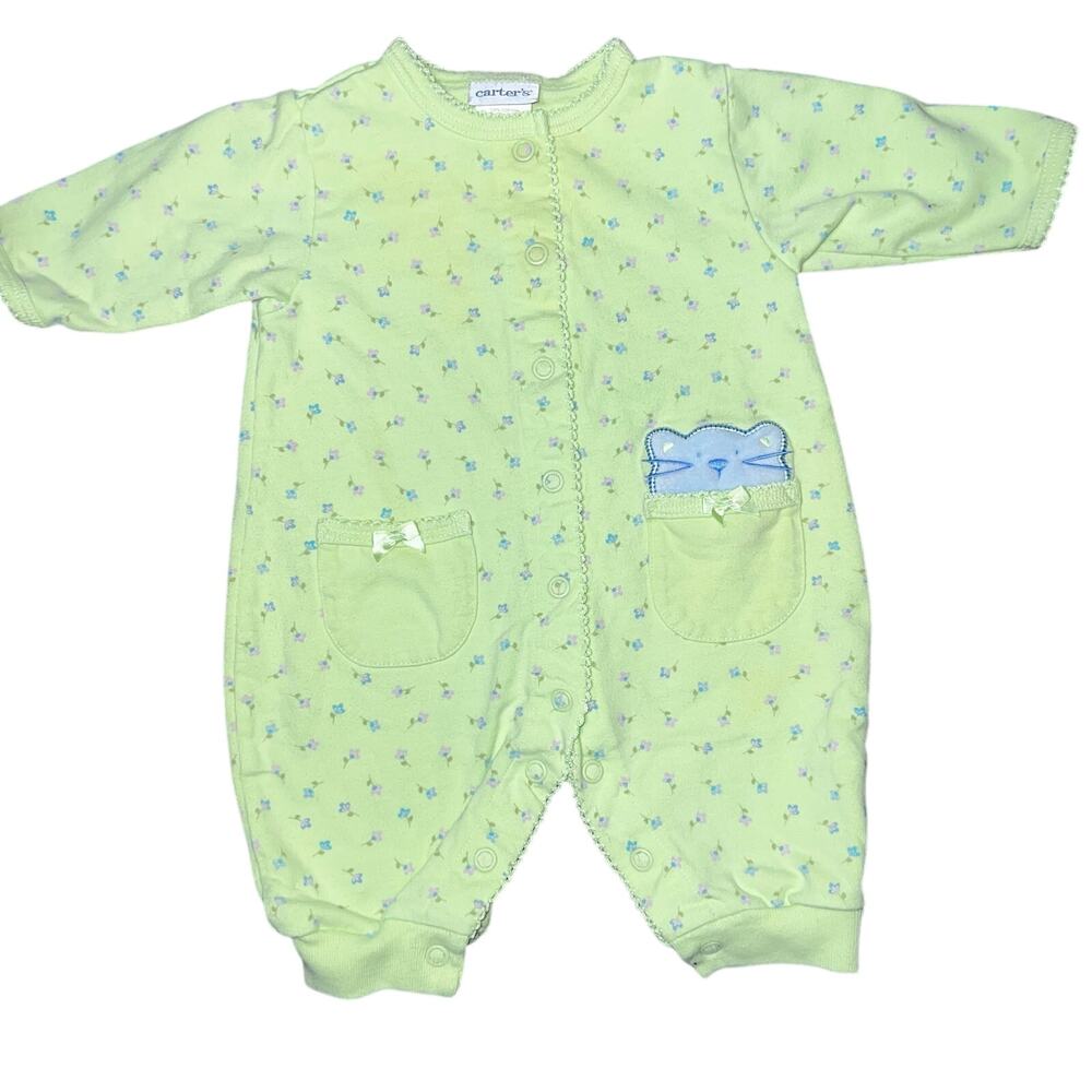 Vintage Carters green, purple and pink floral ruffle cotton romper baby 0-3mon